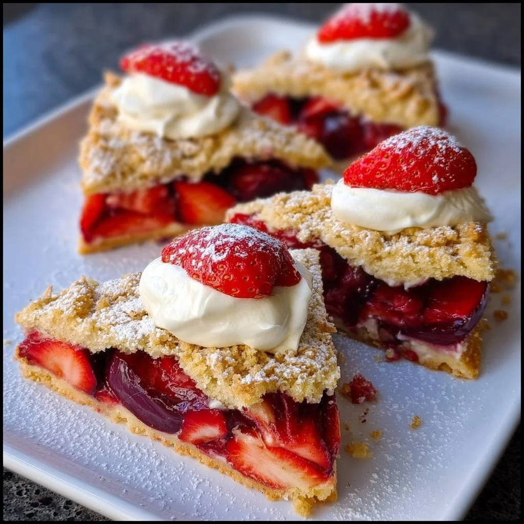 Zwetschgen Streuselkuchen mit Magerquark auf einem Teller serviert.