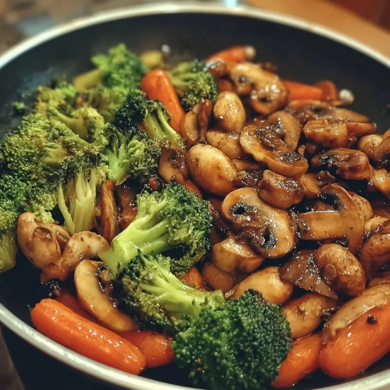 15-Minuten-Pfanne mit Champignons, Brokkoli und Karotten auf einem Teller.