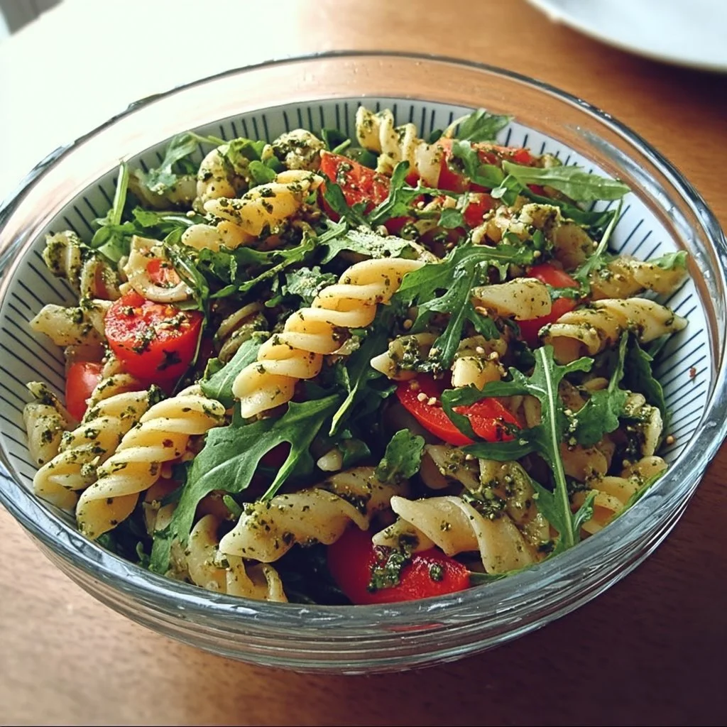 Italienischer Nudelsalat mit Rucola und Pesto auf einem Teller