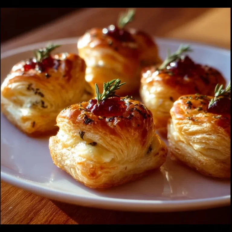 Blätterteig-Häppchen mit geschmolzenem Camembert, ideal als Party-Snack.