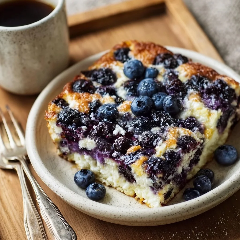 Leckere Blaubeer-Hüttenkäse Frühstücksbake mit frischen Blaubeeren