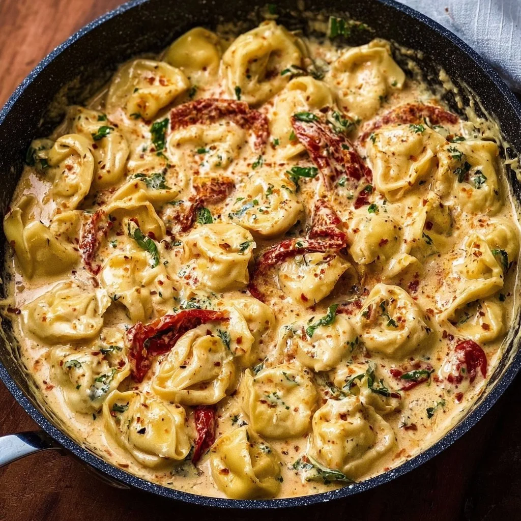 Cremige Ein-Pfannen Heirate Mich Tortellini in einer Pfanne zubereitet.