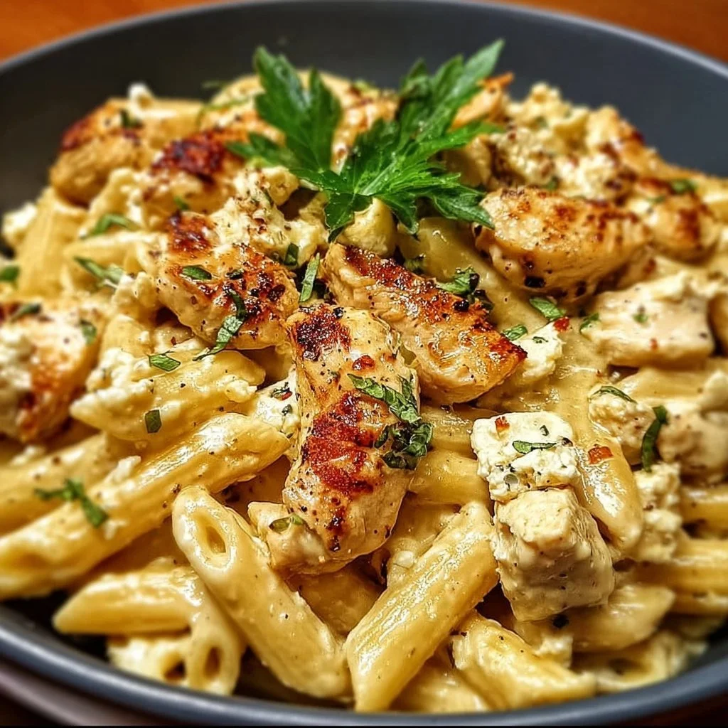 Cremige Hähnchen-Feta-Pasta mit frischen Kräutern und Zutaten.