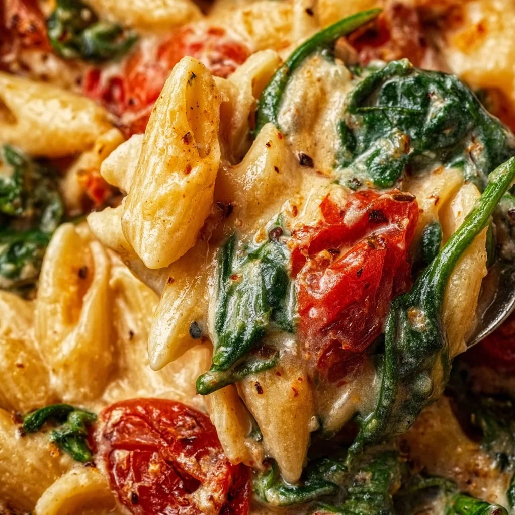 Cremige Nudeln mit Tomaten und Spinat