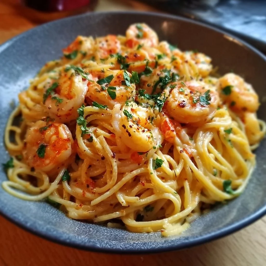 Cremige Spaghetti mit Garnelen in Frischkäsesauce