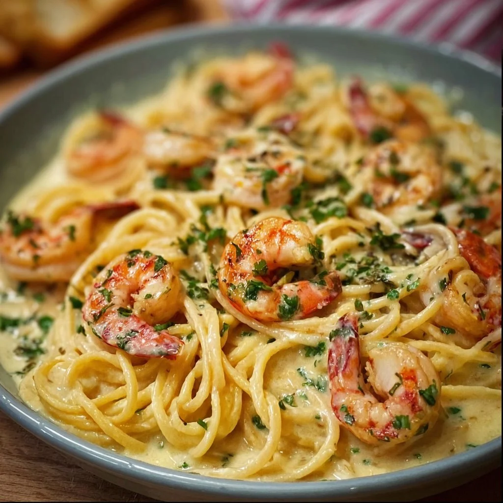 Cremige Spaghetti mit Garnelen in Frischkäsesauce