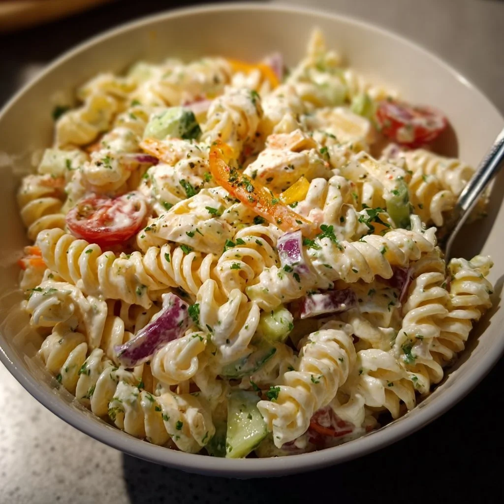 Cremiger Nudelsalat mit frischen Zutaten und einem leckeren Dressing