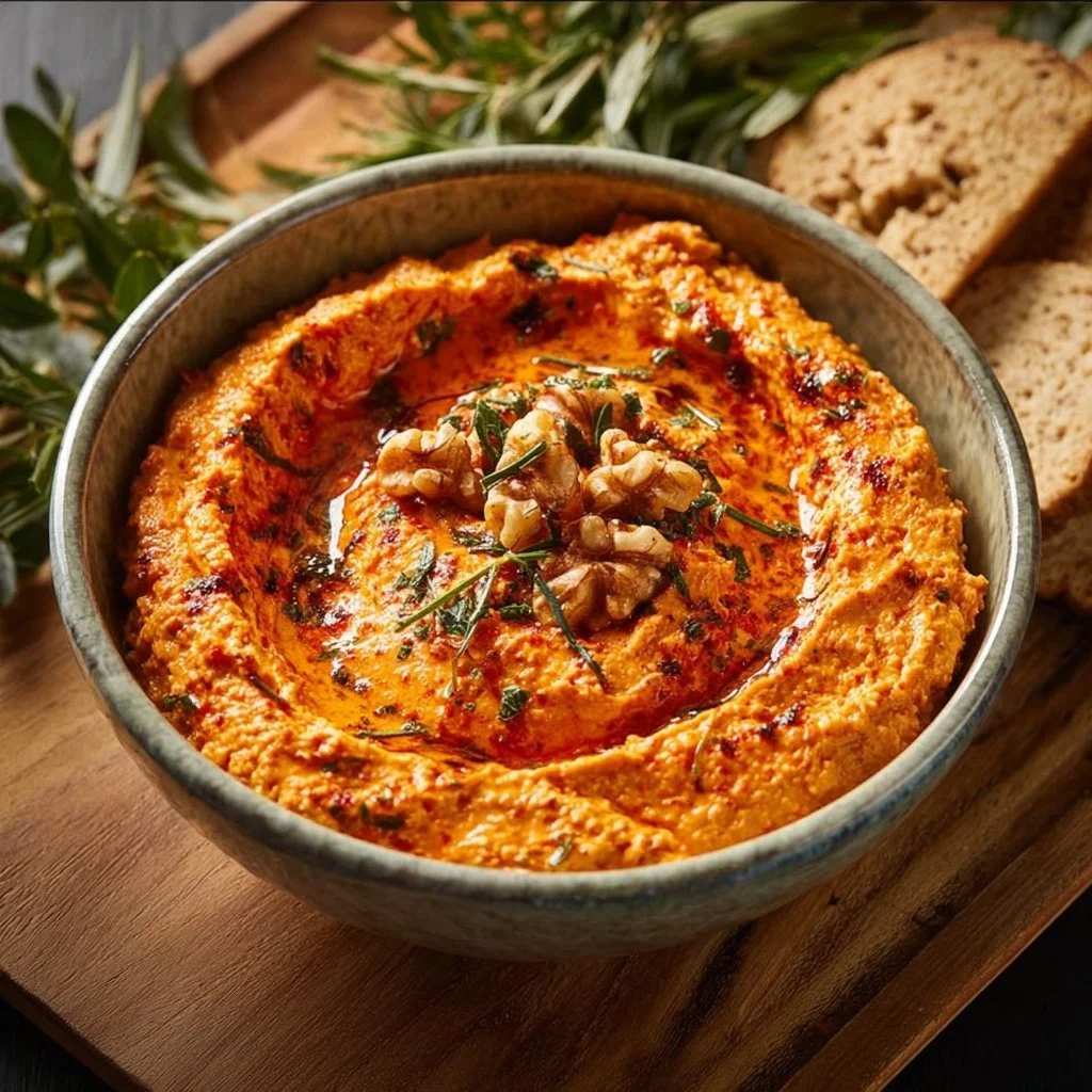 Cremiger Paprika Walnuss Dip in einer Schale, perfekt für Snacks.
