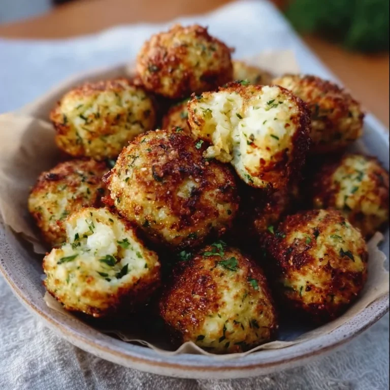 Knusprige Zucchini-Feta-Bälle frisch aus dem Ofen auf einem Teller serviert