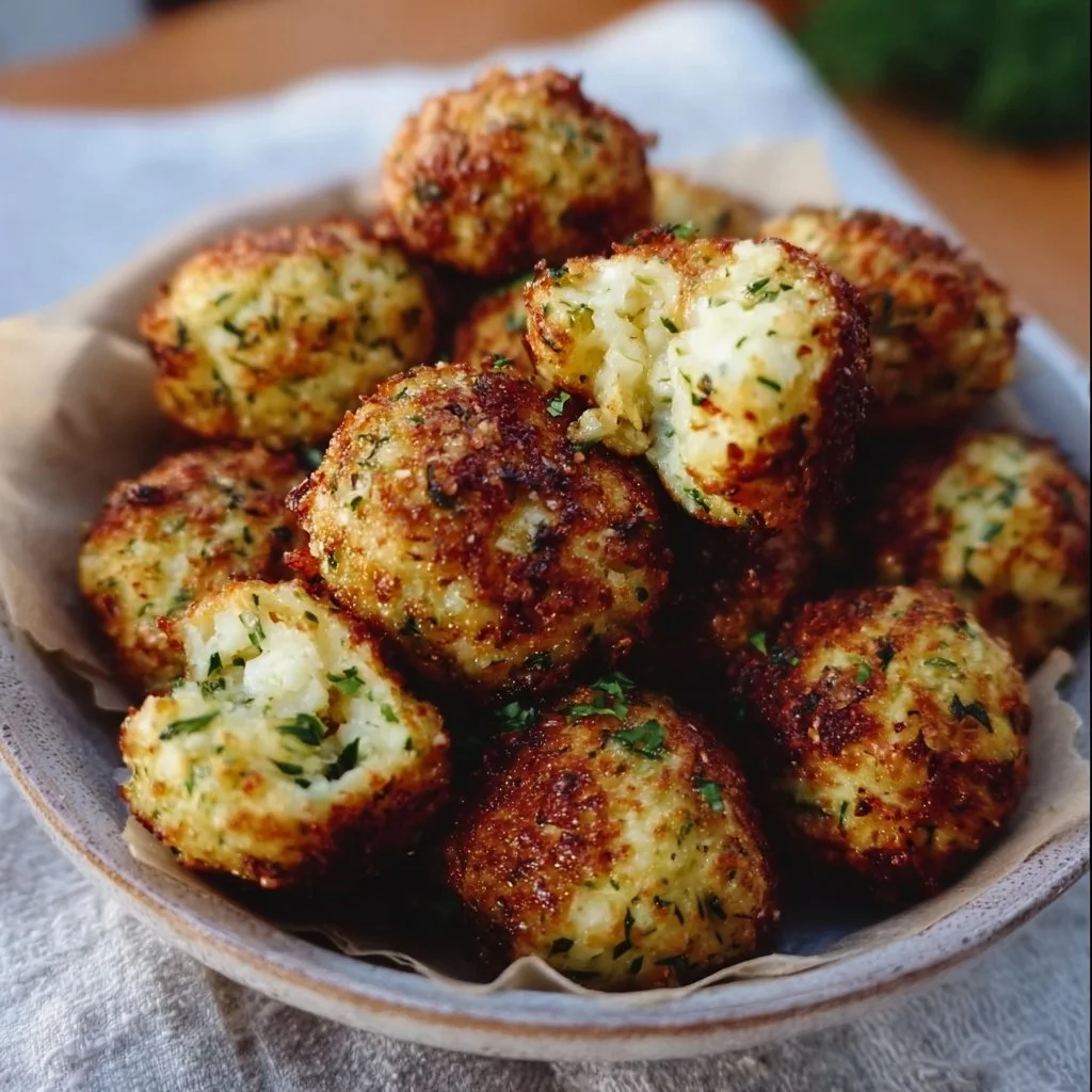 Knusprige Zucchini-Feta-Bälle frisch aus dem Ofen auf einem Teller serviert