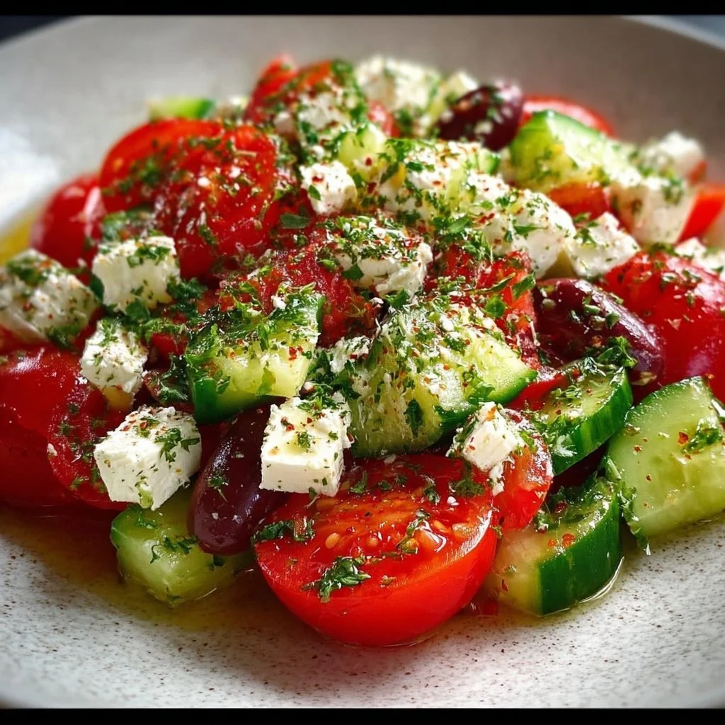 Mediterraner Feta Salat mit Gurke und Tomate für frischen Genuss