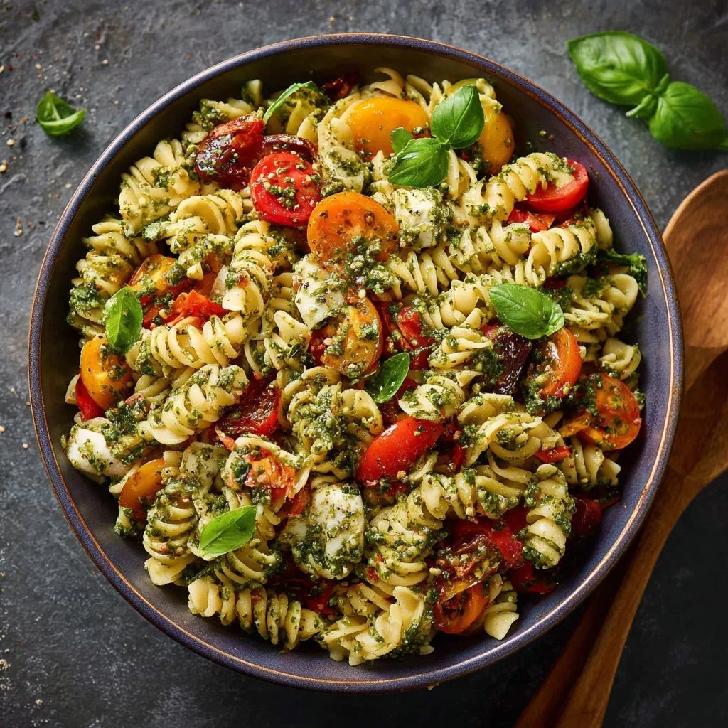 Mediterraner Nudelsalat mit Pesto für Sommerfeiern serviert in einer Schüssel.