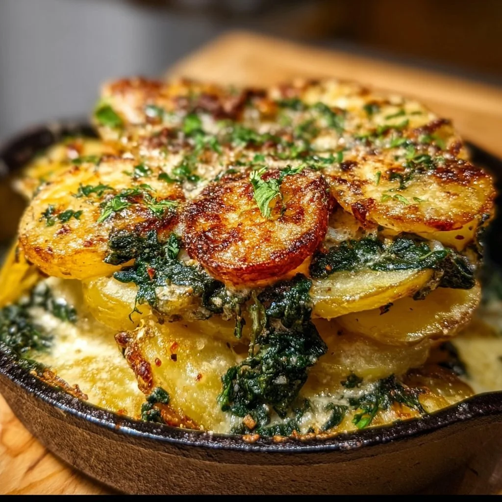 Cremiger Spinat-Kartoffel-Knoblauch-Auflauf aus frischen Zutaten