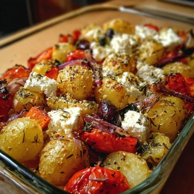 Leckeres Ofengemüse mit Feta und Kartoffeln, ideal für eine gesunde Ernährung.