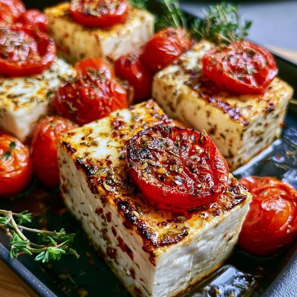 Gegrillter Feta mit Tomaten und Kräutern auf einem Grillrost