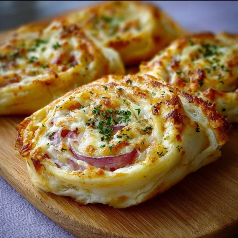 Flammkuchen-Snackrolle mit frischen Zutaten auf einem Holzbrett.