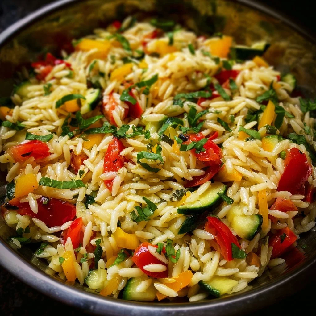 Frischer Orzo Salat mit buntem Gemüse und Kräutern