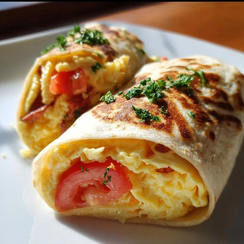 Leckerer Frühstücks Wrap gefüllt mit frischen Zutaten und Eier.