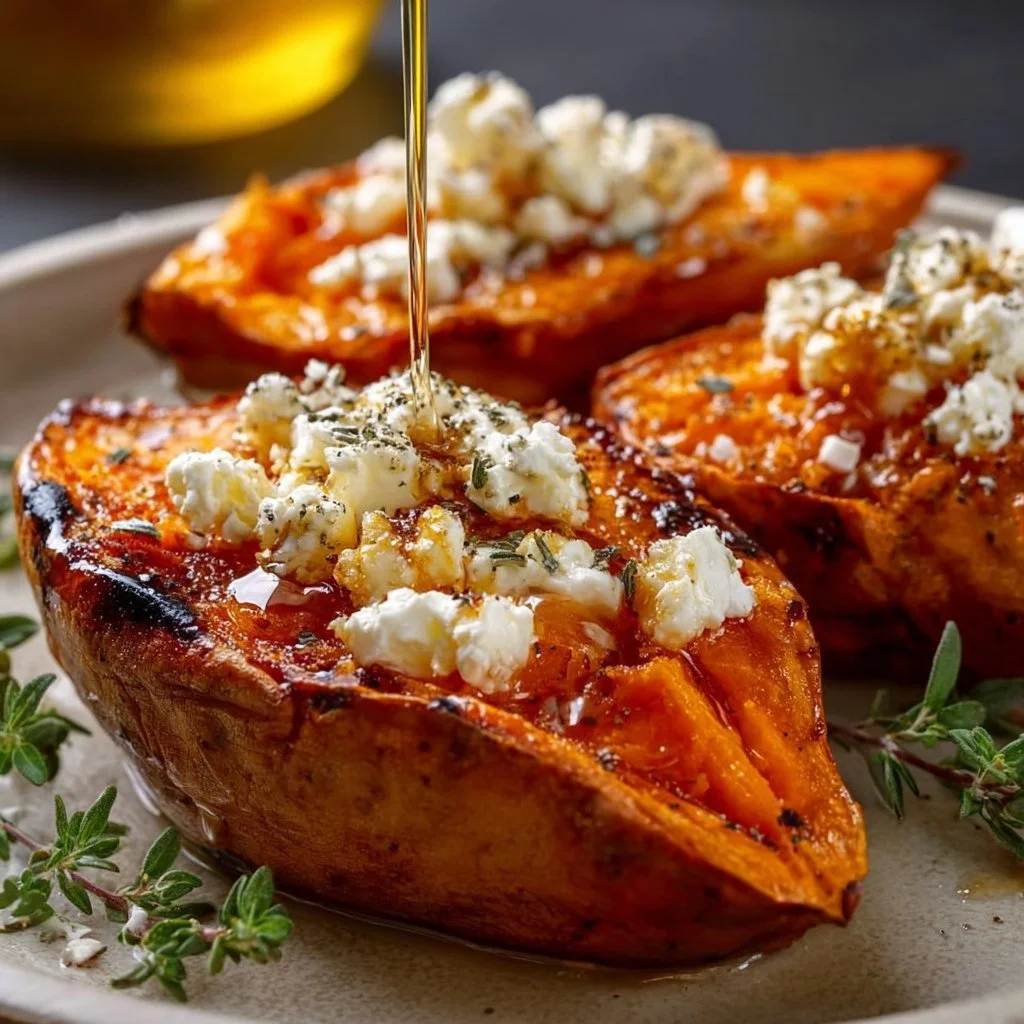 Gebackene Süßkartoffeln mit Honig und Feta