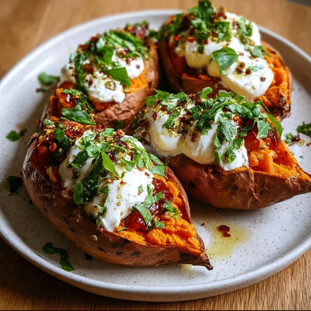 Gefüllte Süßkartoffeln mit Burrata, ein gesundes und schmackhaftes Gericht.