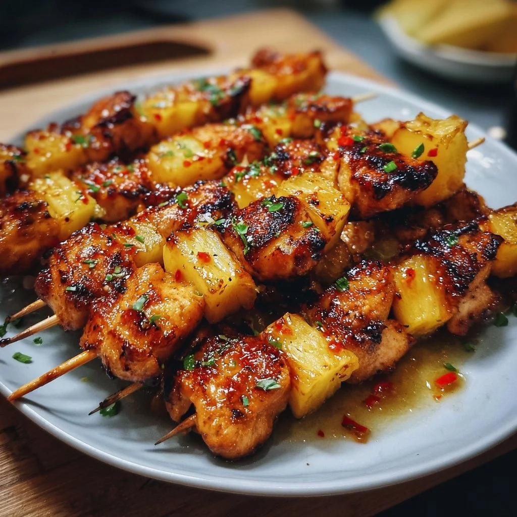 Gegrillte Hähnchen-Spieße mit Ananas und Honig-Chili-Glasur auf einem Grill