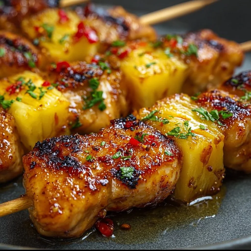 Gegrillte Hähnchen-Ananas-Spieße mit Honig-Chili-Glasur