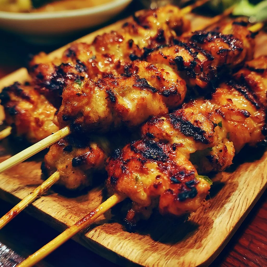Gegrillte Thai-Kokosnuss-Hähnchenspieße auf dem Grill, farbenfroh und lecker
