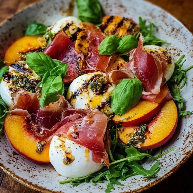 Gegrillter Nektarinen Burrata Salat mit Prosciutto und frischen Kräutern.