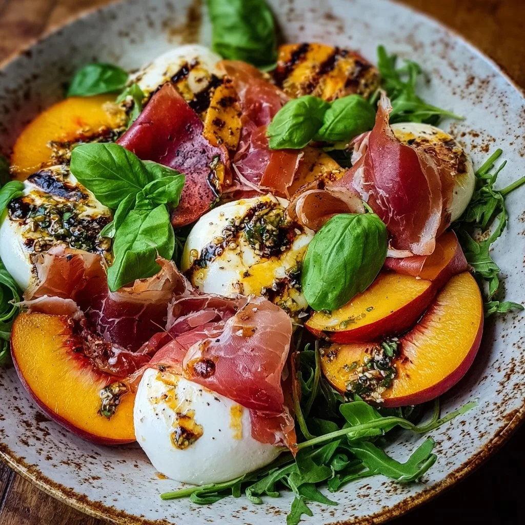 Gegrillter Nektarinen Burrata Salat mit Prosciutto und frischen Kräutern.