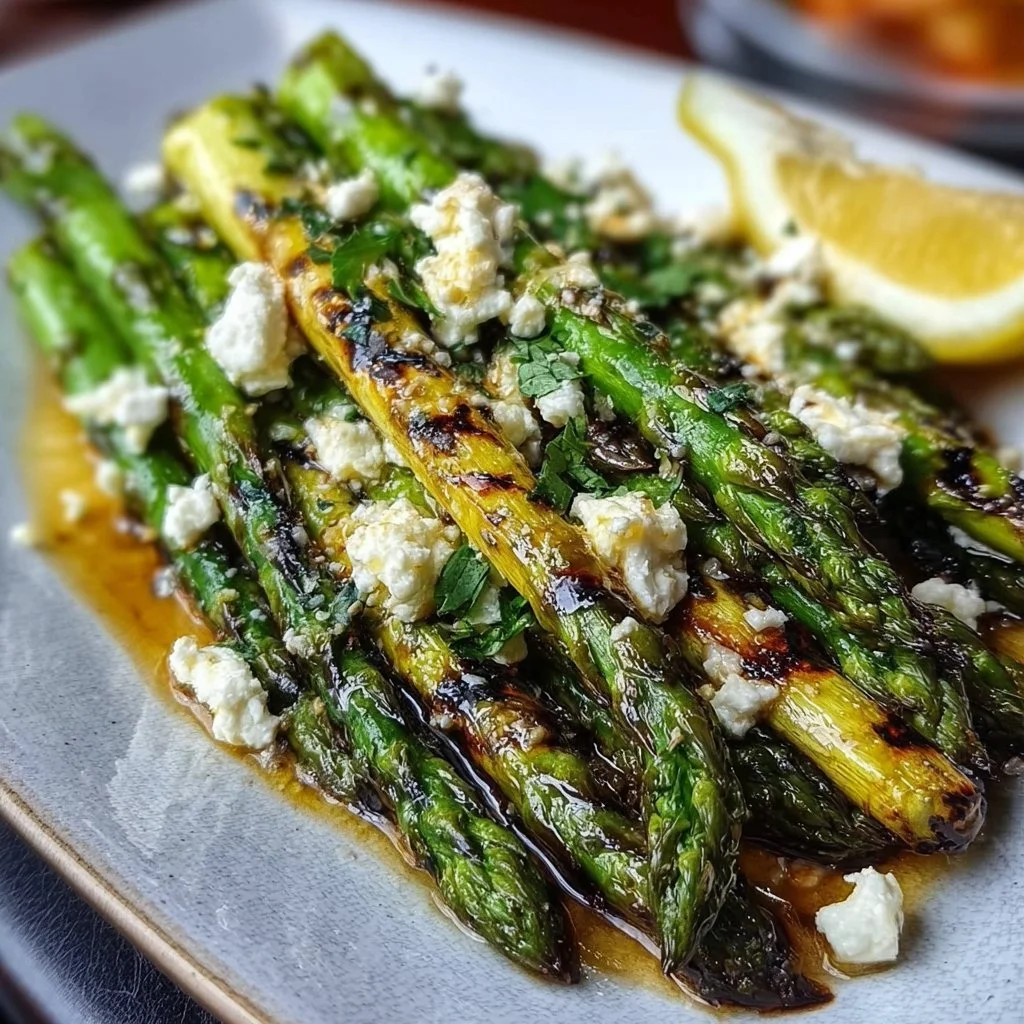 Gegrillter Spargel mit Zitrone und Feta auf einem Teller serviert.