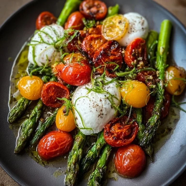 Gerösteter grüner Spargel mit Burrata und reifen Tomaten serviert auf einem Teller