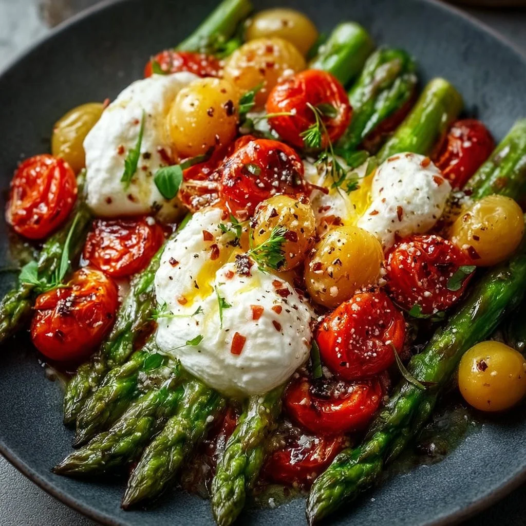 Gerösteter grüner Spargel mit Burrata und Tomaten