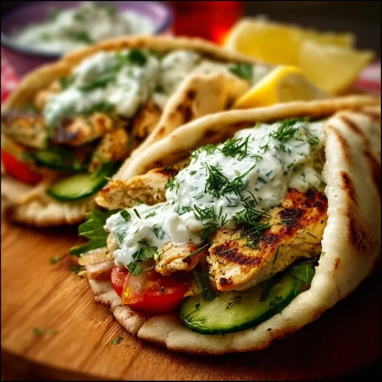 Griechische Hähnchen-Pitas mit Tzatziki und Feta auf einem Teller serviert