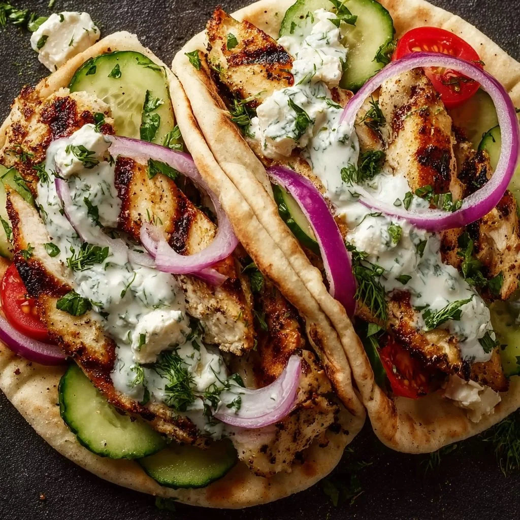 Griechische Hähnchen-Pitas mit Tzatziki und Feta
