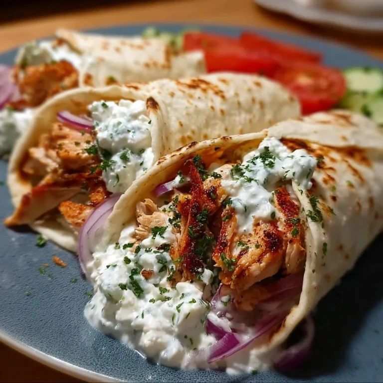 Griechische Kipwraps mit Tzatziki serviert auf einem Teller