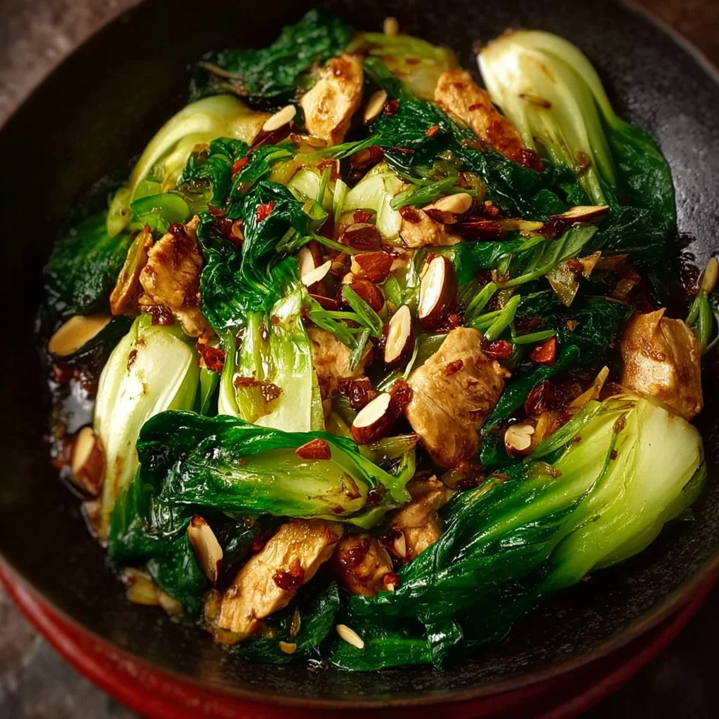 Hähnchen Pak Choi Pfanne mit Mandeln