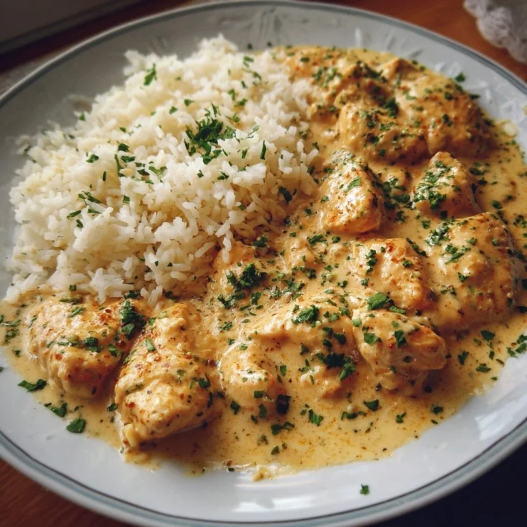 Hähnchenbrust in Sahnesauce serviert mit Reis auf einem Teller