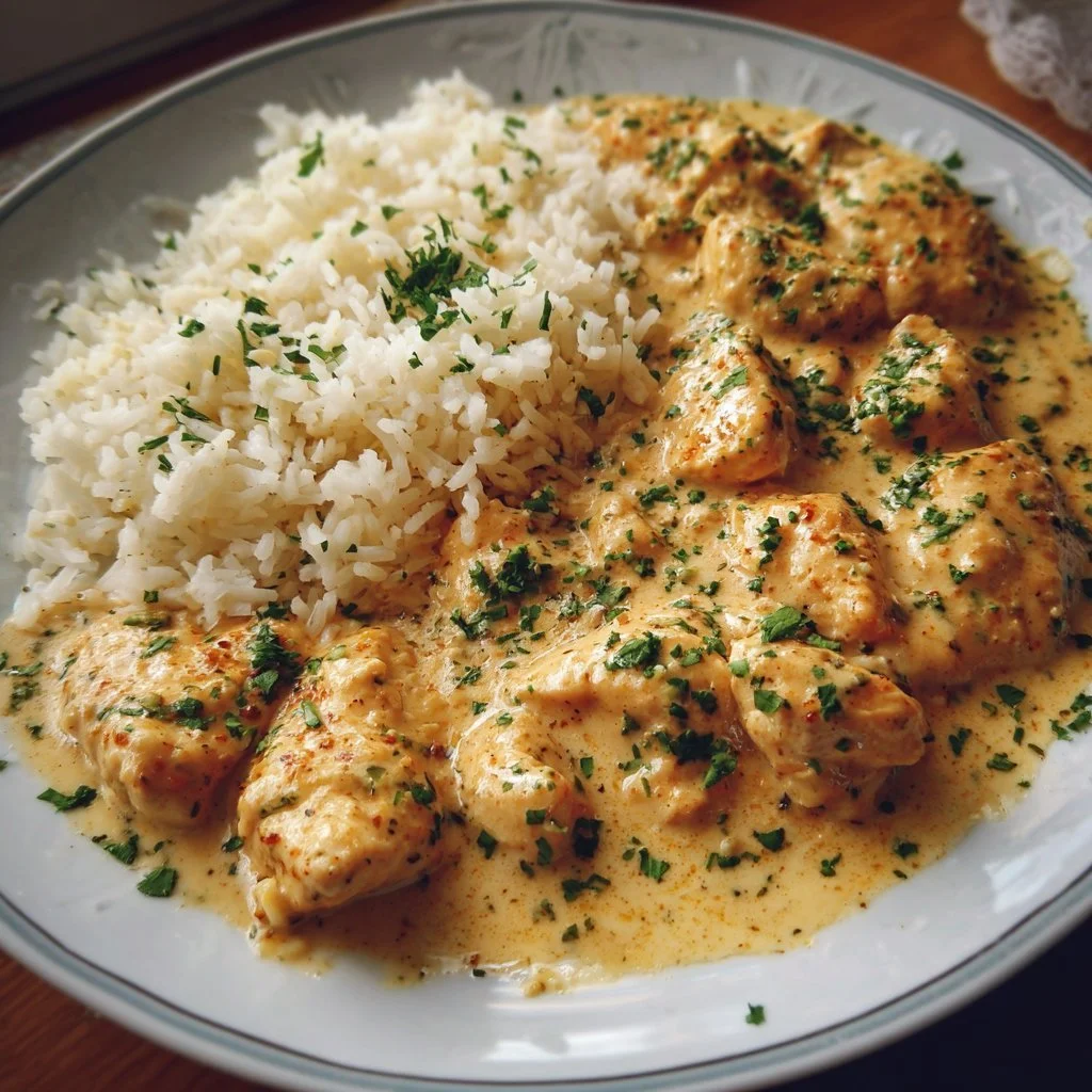 Hähnchenbrust in Sahnesauce serviert mit Reis auf einem Teller