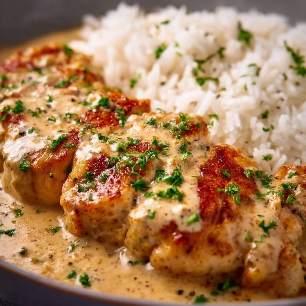 Hähnchenbrust in Sahnesauce mit Reis