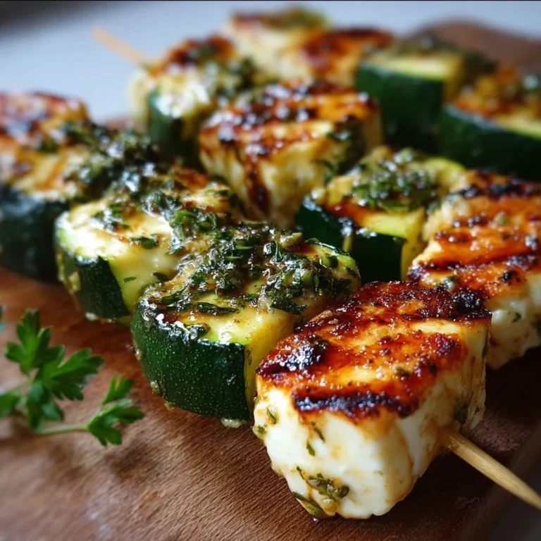 Halloumi Zucchini Spieße vom Grill auf einem Teller serviert.