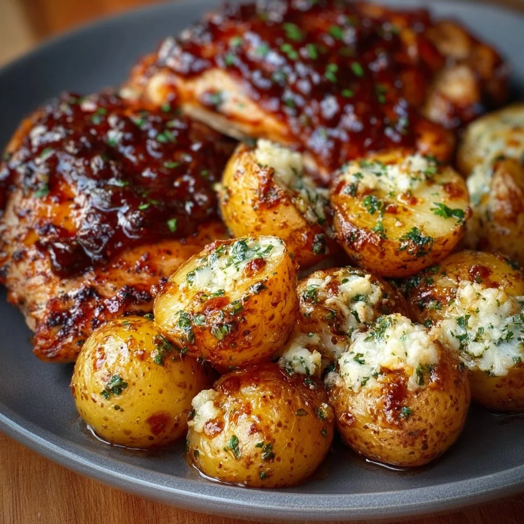 Honig-BBQ-Hähnchen mit Knoblauch-Parmesan-Kartoffeln