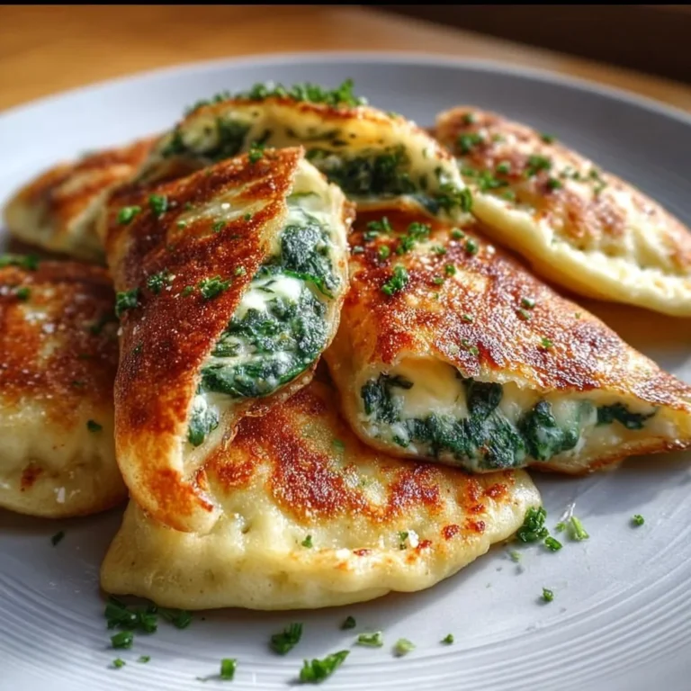 Kartoffeltaschen gefüllt mit Spinat und Frischkäse auf einem Teller