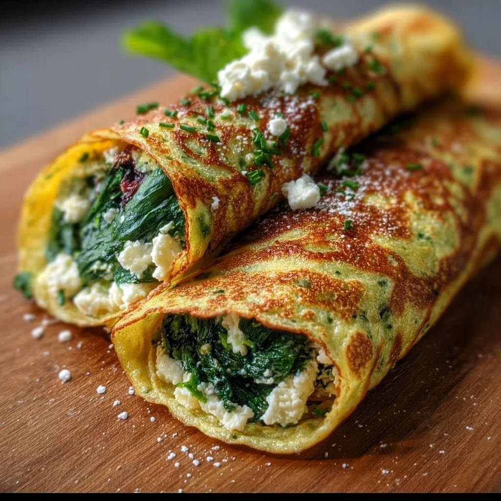 Keto-Pfannkuchen Wraps gefüllt mit Spinat und Feta auf einem Teller