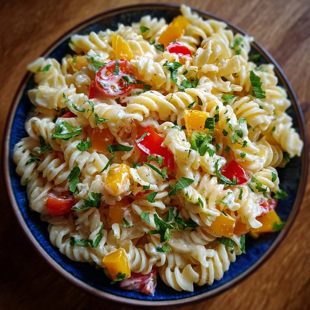 Leckeren Kinder Nudelsalat mit Frischkäse auf einem bunten Teller serviert.
