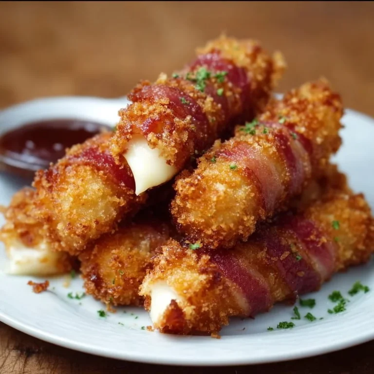 Knusprige Rindfleisch Mozzarella Sticks mit Bacon auf einem Teller