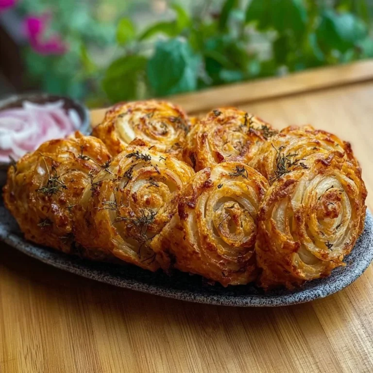 Knusprige Zwiebelrolle auf einem Teller serviert, ideal für Snacks.
