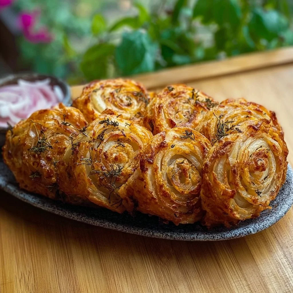 Knusprige Zwiebelrolle auf einem Teller serviert, ideal für Snacks.