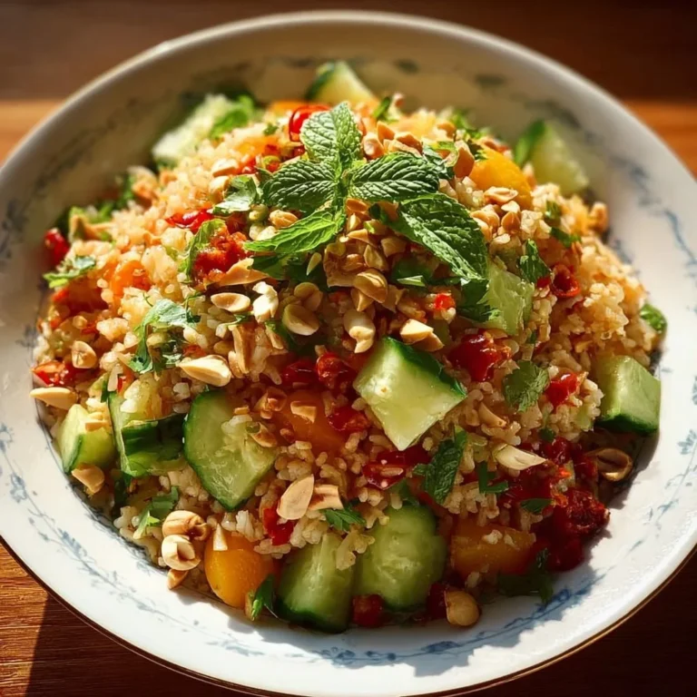 Knuspriger Erdnuss-Chili Reissalat mit frischen Zutaten und einem würzigen Dressing