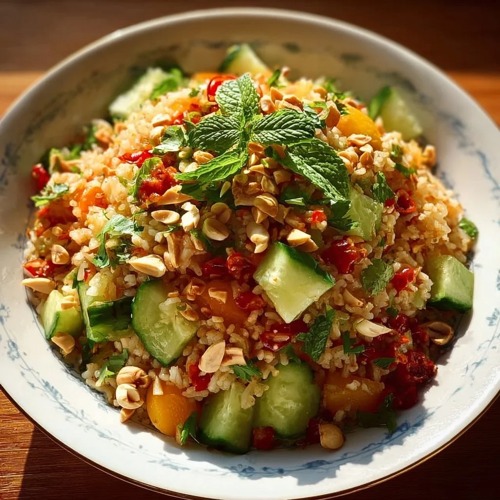 Knuspriger Erdnuss-Chili Reissalat mit frischen Zutaten und einem würzigen Dressing