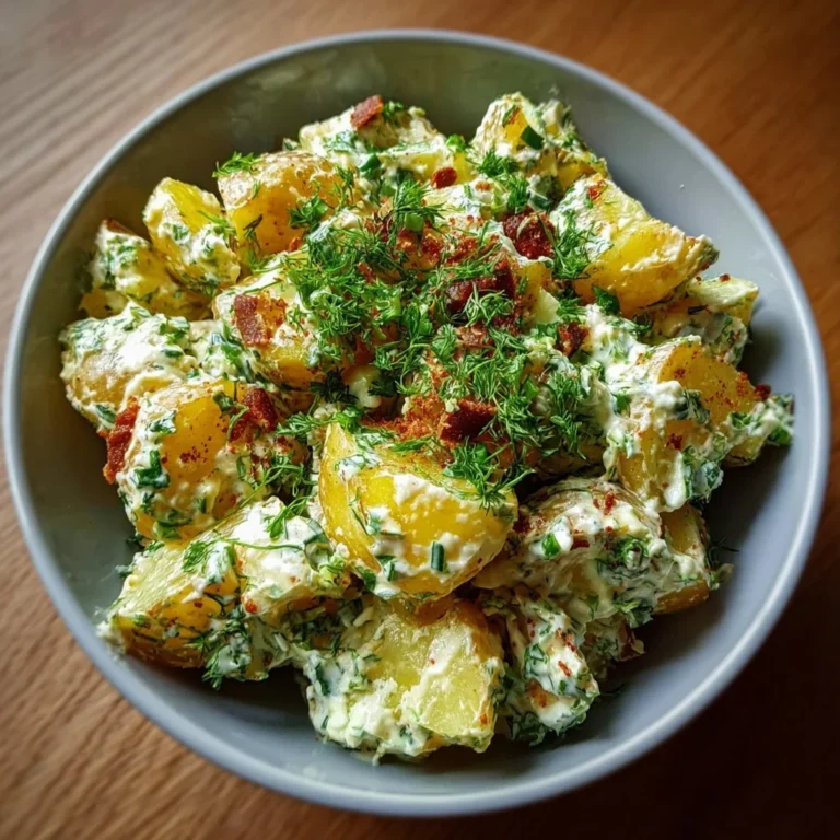 Knuspriger Kartoffelsalat mit frischen Zutaten und würziger Soße